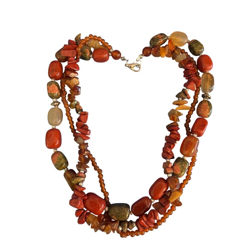 Vtg 3 Strand Necklace Quartz Jasper Beads Silver Tone Cold 17" Estate  95.18g - Picture 4 of 5